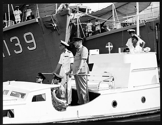 Twiss in Admiral's Barge with Army Officer passing down starboard side of HM ships c.1967