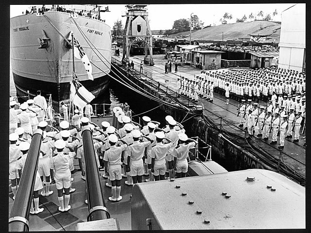 Ceremony of Transfer of an HM ship to an RAN ship with Fort Rosalie in the background c.1967.