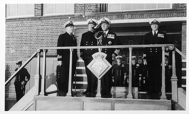 Vice Admiral Sir Frank Twiss at HMS Ganges - saluting on platform c.1963-67