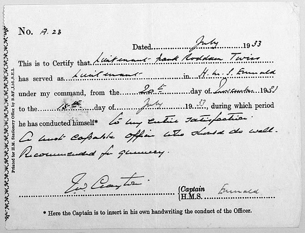 Flimsy certificate: Twiss, HMS Emerald, Jul 1933