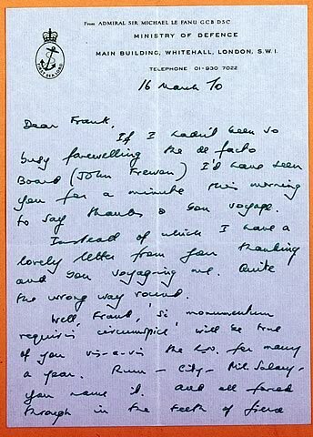 Letter from Michael Le Fanu to Twiss about Twiss leaving his post of 2nd Sea Lord, dated 16 March 1970.