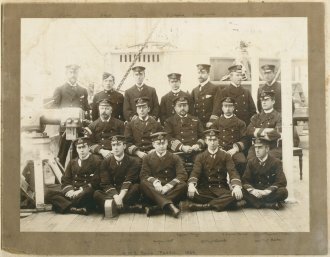 Photograph of Naval personnel, including A S Littlejohns, onboard HMS Sans Pareil in 1899