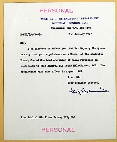 Twiss's Appointment to Second Sea Lord, dated 11th January 1967.