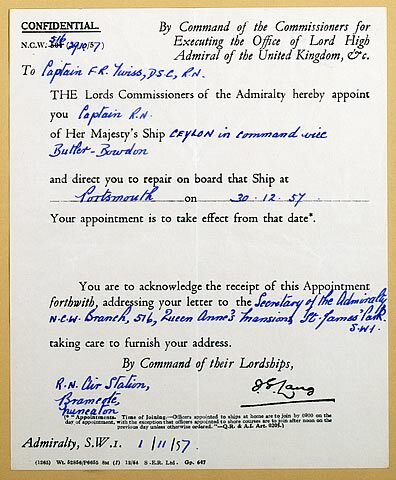 Twiss's appointment as Captain of HMS Ceylon, dated 1st November 1957.