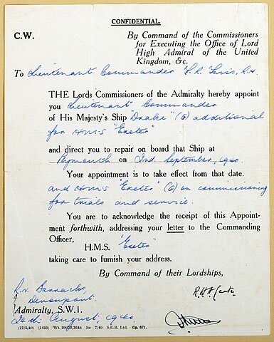 Appointment as Lieutenant Commander of HMS Drake, dated 24th August 1940.