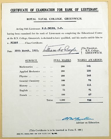 Certificate of examination for Frank Twiss for the rank of Lieutenant at Royal Naval College Greenwich . Dated 25th March 1931.