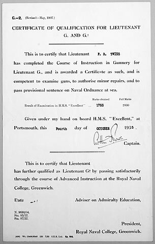 Certificate of qualification for Instruction in Gunnery